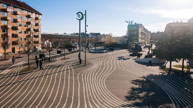 Сopenhagen, Denmark - Superkilen Park on sunny winter day in Copenhagen. There are many lines in park. it is local area.