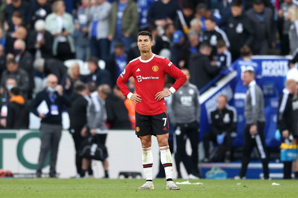 LEICESTER, ENGLAND - OCTOBER 16: Cristiano Ronaldo of Manchester United reacts at full-time during the Premier League match between Leicester City and Manchester United at The King Power Stadium on October 16, 2021 in Leicester, England. (Photo by Alex Pantling/Getty Images)