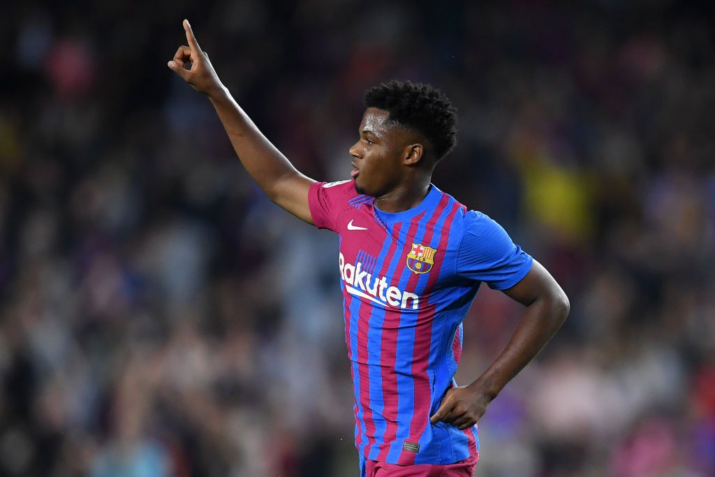 BARCELONA, SPAIN - OCTOBER 17: Ansu Fati of FC Barcelona celebrates after scoring their team's first goal during the LaLiga Santander match between FC Barcelona and Valencia CF at Camp Nou on October 17, 2021 in Barcelona, Spain. (Photo by Alex Caparros/Getty Images)