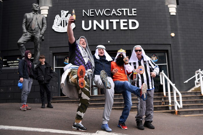 NEWCASTLE UPON TYNE, ENGLAND - OCTOBER 17: Fans of Newcastle United dressed in Fancy Dress are seen prior to the Premier League match between Newcastle United and Tottenham Hotspur at St. James Park on October 17, 2021 in Newcastle upon Tyne, England. (Photo by Stu Forster/Getty Images)