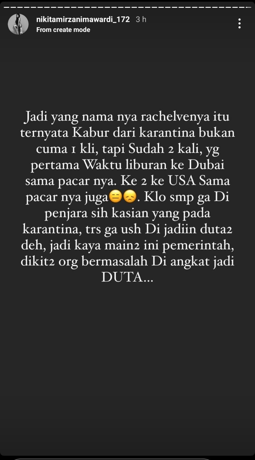 Nikita Mirzani menyebutkan bahwa Rachel Vennya sudah dua kali kabur karantina.