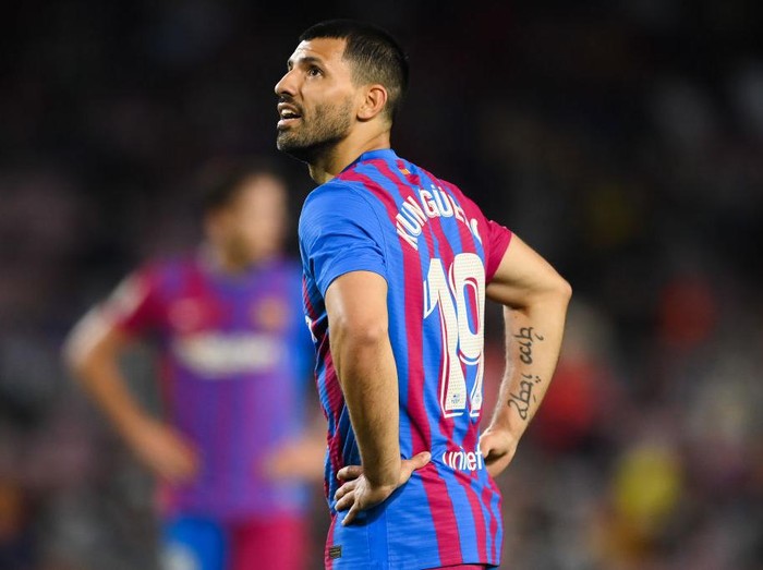 BARCELONA, SPAIN - OCTOBER 17: Sergio Aguero of FC Barcelona looks on during the La Liga Santander match between FC Barcelona and Valencia CF at Camp Nou on October 17, 2021 in Barcelona, Spain. (Photo by David Ramos/Getty Images)
