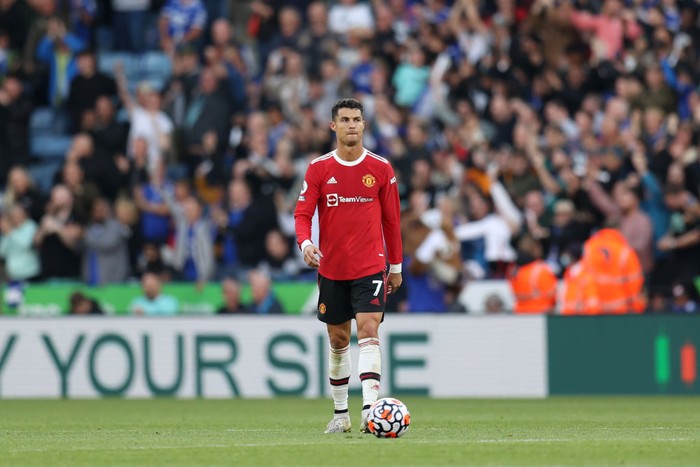 LEICESTER, ENGLAND - OCTOBER 16: Cristiano Ronaldo of Manchester United reacts after conceding during the Premier League match between Leicester City and Manchester United at The King Power Stadium on October 16, 2021 in Leicester, England. (Photo by Alex Pantling/Getty Images)
