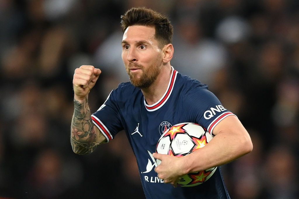 PARIS, FRANCE - OCTOBER 19: Lionel Messi of Paris Saint-Germain celebrates after scoring their side's second goal during the UEFA Champions League group A match between Paris Saint-Germain and RB Leipzig at Parc des Princes on October 19, 2021 in Paris, France. (Photo by Matthias Hangst/Getty Images)