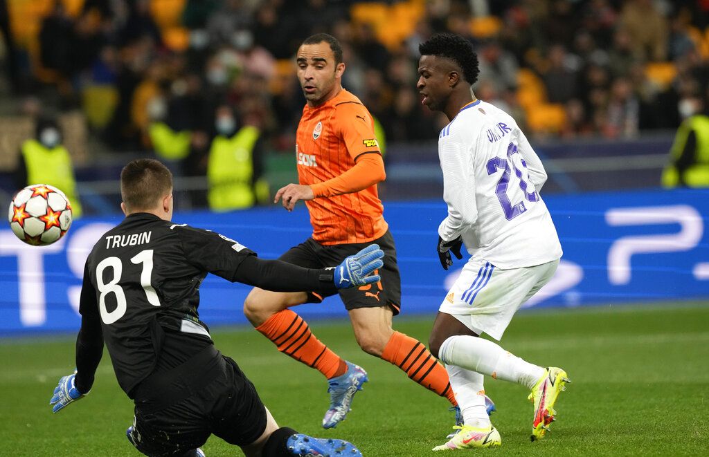 Real Madrid's Vinicius Junior celebrates after scoring his side's third goal during the Champions League group D soccer match between Shakhtar Donetsk and Real Madrid at the Olympiyskiy stadium in Kyiv, Ukraine, Tuesday, Oct. 19, 2021. (AP Photo/Efrem Lukatsky)