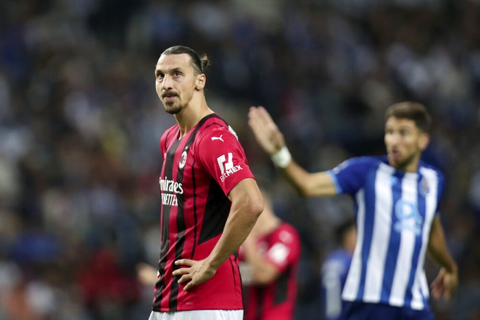 AC Milans Zlatan Ibrahimovic reacts during the Champions League group B soccer match between FC Porto and AC Milan at the Dragao stadium in Porto, Portugal, Tuesday, Oct. 19, 2021. (AP Photo/Luis Vieira)
