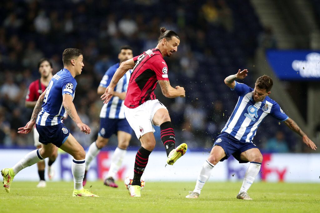 AC Milan's Zlatan Ibrahimovic reacts during the Champions League group B soccer match between FC Porto and AC Milan at the Dragao stadium in Porto, Portugal, Tuesday, Oct. 19, 2021. (AP Photo/Luis Vieira)