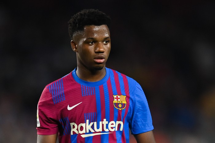 BARCELONA, SPAIN - OCTOBER 17: Ansu Fati of FC Barcelona looks on during the La Liga Santander match between FC Barcelona and Valencia CF at Camp Nou on October 17, 2021 in Barcelona, Spain. (Photo by David Ramos/Getty Images)