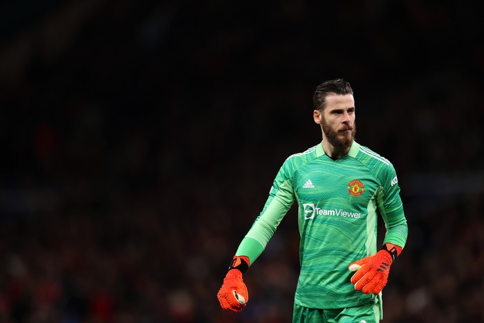 MANCHESTER, ENGLAND - OCTOBER 20: David De Gea of Manchester United looks on during the UEFA Champions League group F match between Manchester United and Atalanta at Old Trafford on October 20, 2021 in Manchester, England. (Photo by Naomi Baker/Getty Images)