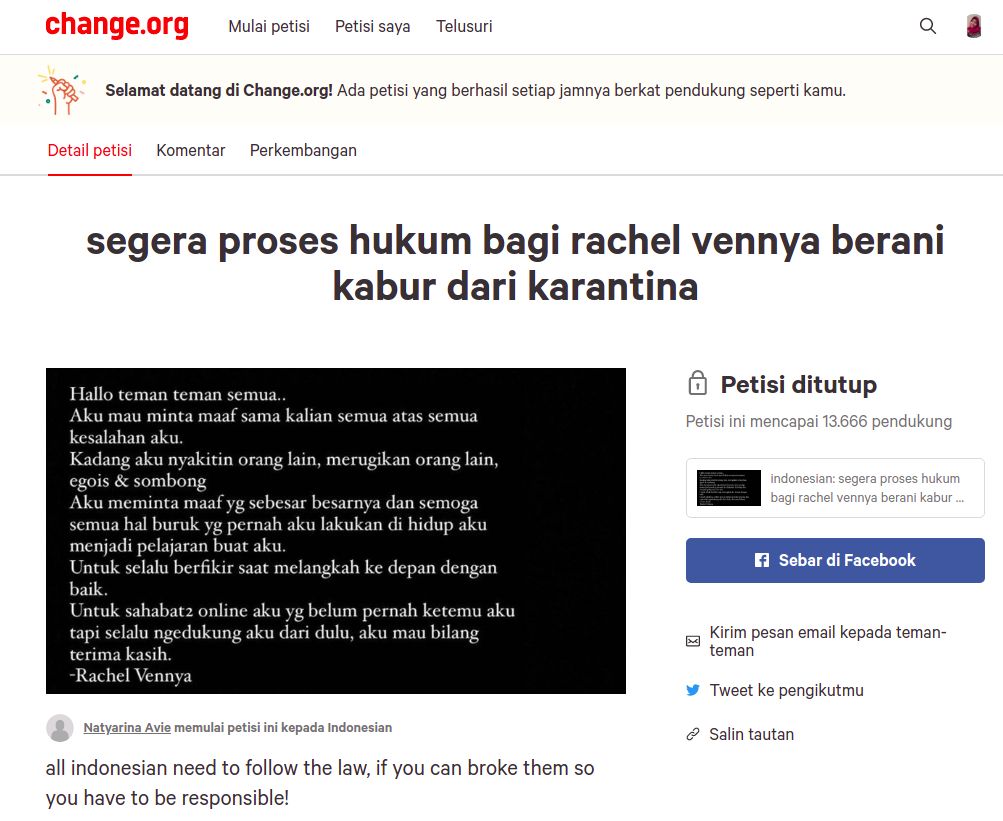 Petisi agar Rachel Vennya dihukum