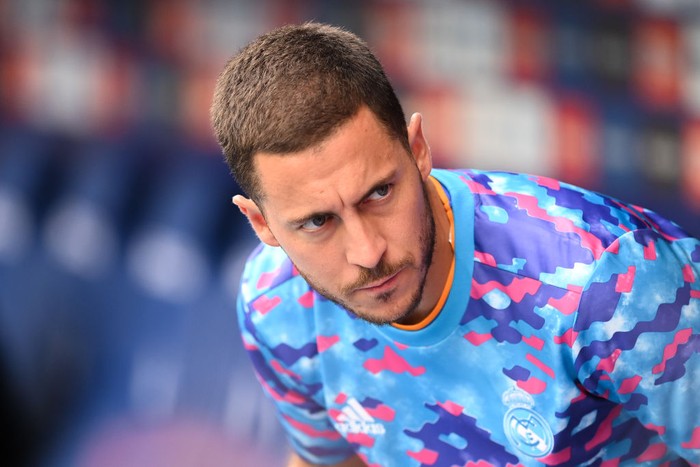 BARCELONA, SPAIN - OCTOBER 03: Eden Hazard of Real Madrid CF looks on during the La Liga Santander match between RCD Espanyol and Real Madrid CF at RCDE Stadium on October 03, 2021 in Barcelona, Spain. (Photo by David Ramos/Getty Images)