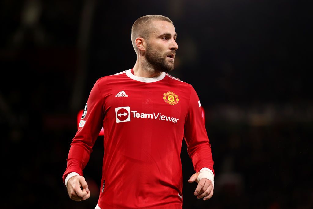 MANCHESTER, ENGLAND - OCTOBER 20: Luke Shaw of Manchester United looks on during the UEFA Champions League group F match between Manchester United and Atalanta at Old Trafford on October 20, 2021 in Manchester, England. (Photo by Naomi Baker/Getty Images)