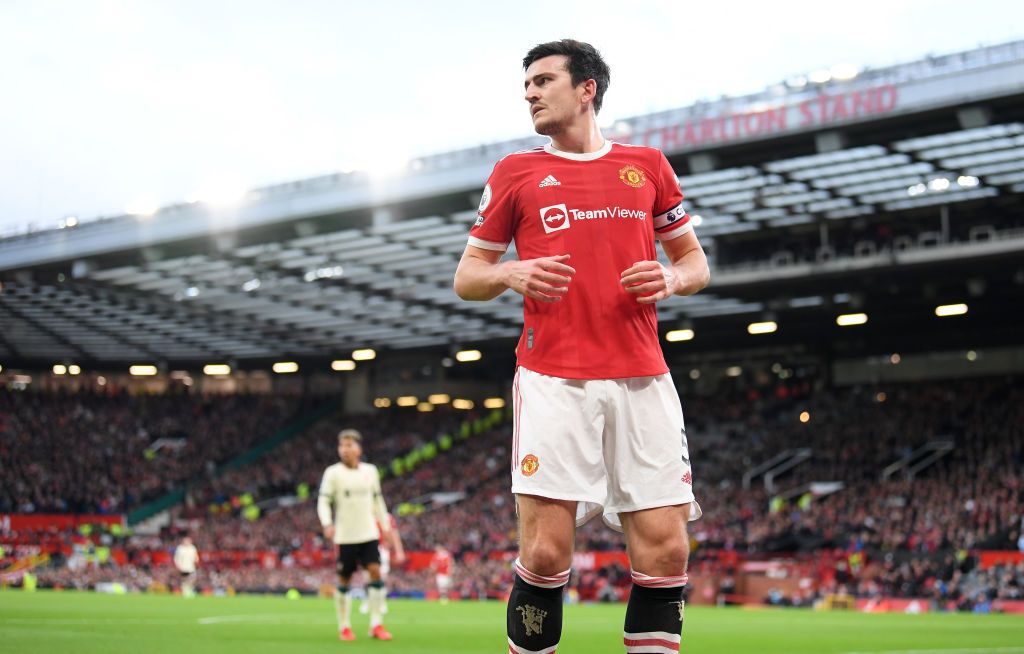 MANCHESTER, ENGLAND - OCTOBER 24: Harry Maguire of Manchester United looks on during the Premier League match between Manchester United and Liverpool at Old Trafford on October 24, 2021 in Manchester, England. (Photo by Michael Regan/Getty Images)