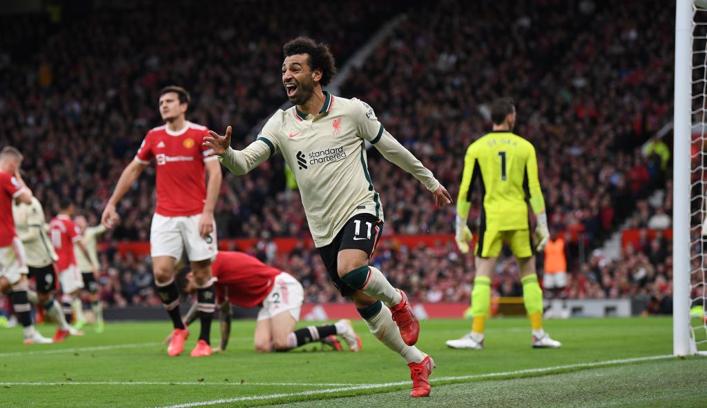 MANCHESTER, ENGLAND - OCTOBER 24: Mohamed Salah of Liverpool celebrates after scoring their side's third goal during the Premier League match between Manchester United and Liverpool at Old Trafford on October 24, 2021 in Manchester, England. (Photo by Michael Regan/Getty Images)