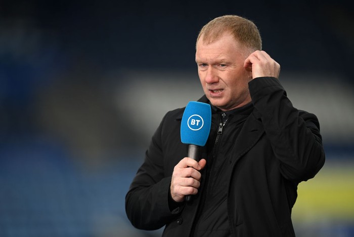 LEICESTER, ENGLAND - DECEMBER 26:BT Sport Pundit, Paul Scholes looks on prior to the Premier League match between Leicester City and Manchester United at The King Power Stadium on December 26, 2020 in Leicester, England. The match will be played without fans, behind closed doors as a Covid-19 precaution. (Photo by Michael Regan/Getty Images)