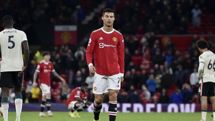 Manchester Uniteds Cristiano Ronaldo leaves the field at the end of the English Premier League soccer match between Manchester United and Liverpool at Old Trafford in Manchester, England, Sunday, Oct. 24, 2021. Liverpool won 5-0. (AP Photo/Rui Vieira)
