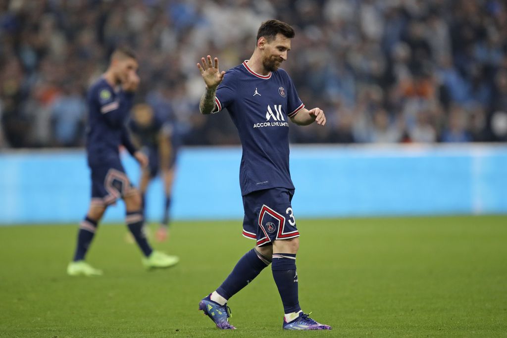 PSG's Lionel Messi gestures during the French League One soccer match between Marseille and Paris Saint-Germain in Marseille, France, Sunday, Oct. 24, 2021. (AP Photo/Daniel Cole)