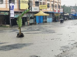 Protes Jalan Rusak, Warga di Labuhanbatu Tanam Pohon Pisang