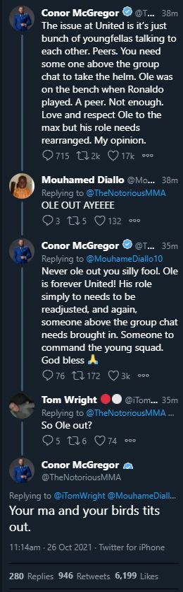Conor McGregor menyemprot fans yang meminta Ole Gunnar Solskjaer out dari Manchester United, Selasa 26 Oktober 2021.