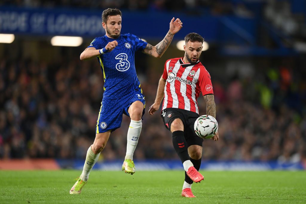 LONDON, ENGLAND - OCTOBER 26: Adam Armstrong of Southampton is challenged by Saul Niguez of Chelsea during the Carabao Cup Round of 16 match between Chelsea and Southampton at Stamford Bridge on October 26, 2021 in London, England. (Photo by Justin Setterfield/Getty Images)