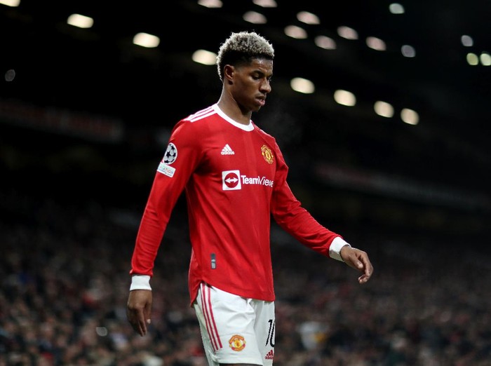 MANCHESTER, ENGLAND - OCTOBER 20: Marcus Rashford of Manchester United looks on during the UEFA Champions League group F match between Manchester United and Atalanta at Old Trafford on October 20, 2021 in Manchester, England. (Photo by Naomi Baker/Getty Images)