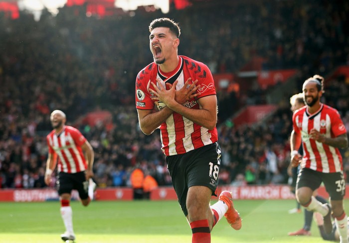 SOUTHAMPTON, ENGLAND - OCTOBER 23: Armando Broja of Southampton celebrates after scoring their sides second goal during the Premier League match between Southampton and Burnley at St Marys Stadium on October 23, 2021 in Southampton, England. (Photo by Ryan Pierse/Getty Images)