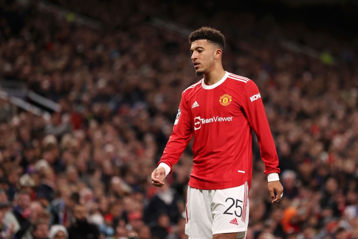 MANCHESTER, ENGLAND - OCTOBER 20: Jadon Sancho of Manchester United looks on during the UEFA Champions League group F match between Manchester United and Atalanta at Old Trafford on October 20, 2021 in Manchester, England. (Photo by Naomi Baker/Getty Images)