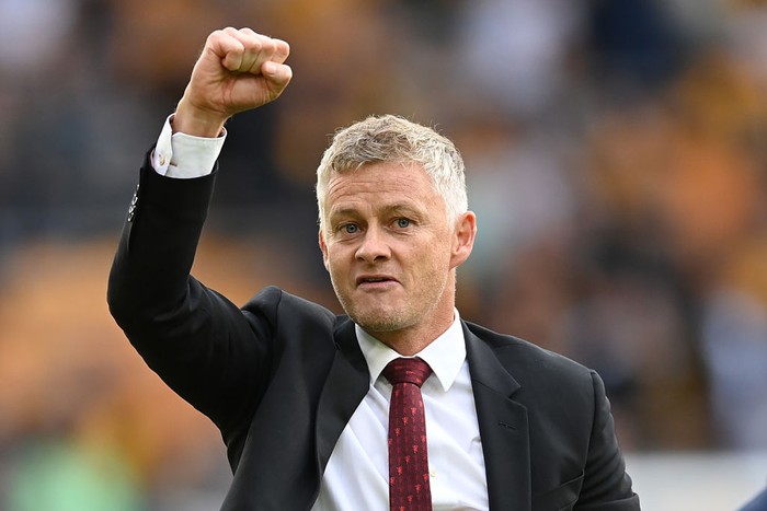 WOLVERHAMPTON, ENGLAND - AUGUST 29: Ole Gunnar Solskjaer, Manager of Manchester United celebrates following the Premier League match between Wolverhampton Wanderers  and  Manchester United at Molineux on August 29, 2021 in Wolverhampton, England. (Photo by Michael Regan/Getty Images)