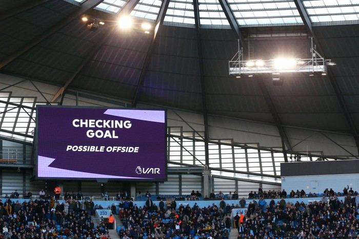 MANCHESTER, ENGLAND - OCTOBER 30: An LED screen shows the VAR check which later disallowed a goal by Gabriel Jesus of Manchester City (not pictured) during the Premier League match between Manchester City and Crystal Palace at Etihad Stadium on October 30, 2021 in Manchester, England. (Photo by Alex Livesey/Getty Images)