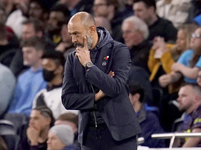 Tottenham Hotspur manager Nuno Espirito Santo during the British Premier League soccer match between Tottenham and Manchester United, at the Tottenham Hotspur Stadium, London, Saturday, Oct. 30, 2021. (John Walton/PA via AP)