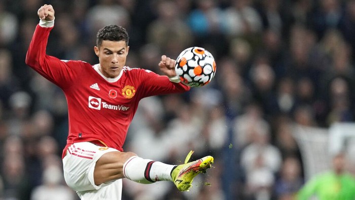 Manchester Uniteds Cristiano Ronaldo is in action during the English Premier League soccer match between Tottenham Hotspur and Manchester United at the Tottenham Hotspur Stadium in London, Saturday, Oct. 30, 2021. (AP Photo/Frank Augstein)
