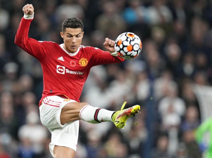 Manchester United's Cristiano Ronaldo is in action during the English Premier League soccer match between Tottenham Hotspur and Manchester United at the Tottenham Hotspur Stadium in London, Saturday, Oct. 30, 2021. (AP Photo/Frank Augstein)