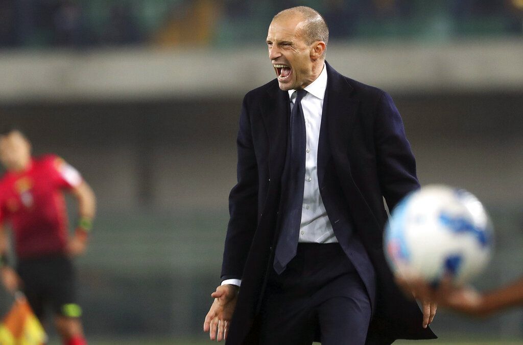 Juventus coach Massimiliano Allegri shouts during the Serie A soccer match between Hellas Verona and Juventus, at the Verona Bentegodi stadium, Italy, Saturday, Oct. 30, 2021. Verona won 2-1 and the result left Juventus in ninth place, level on points with Verona, and 13 points behind leaders Napoli and AC Milan, which both play on Sunday. (Paola Garbuio/LaPresse via AP)