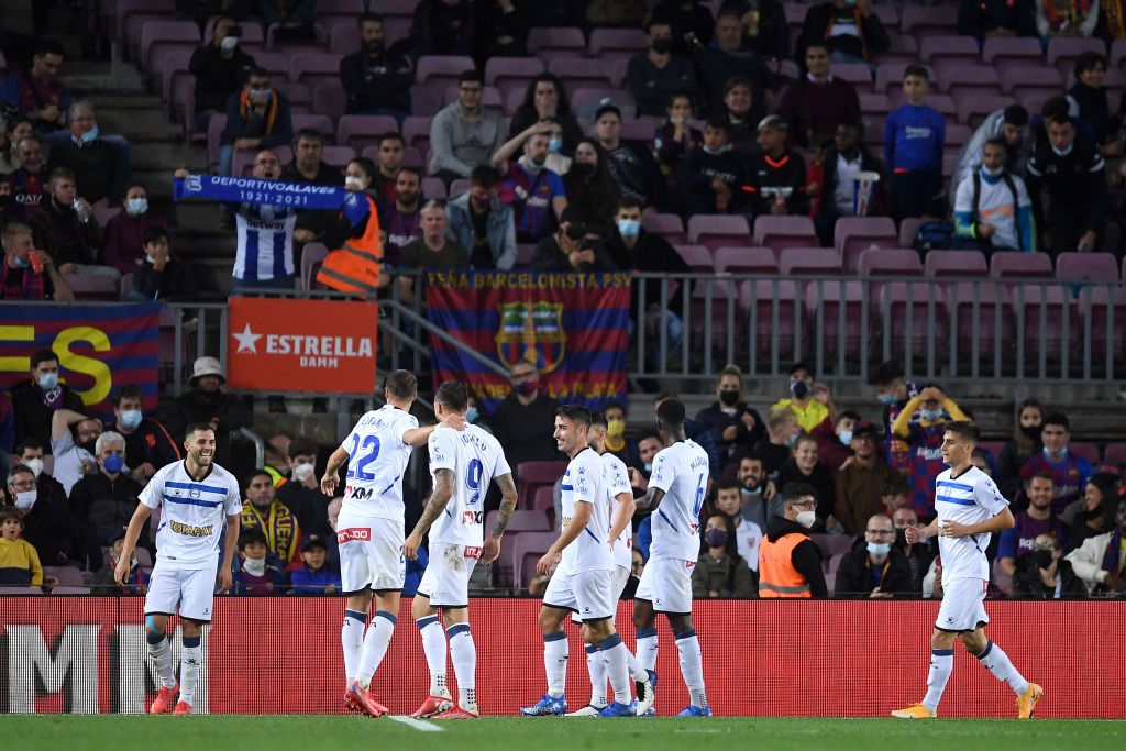 BARCELONA, SPAIN - OCTOBER 30: General view inside the stadium prior to the LaLiga Santander match between FC Barcelona and Deportivo Alaves at Camp Nou on October 30, 2021 in Barcelona, Spain. (Photo by Alex Caparros/Getty Images)
