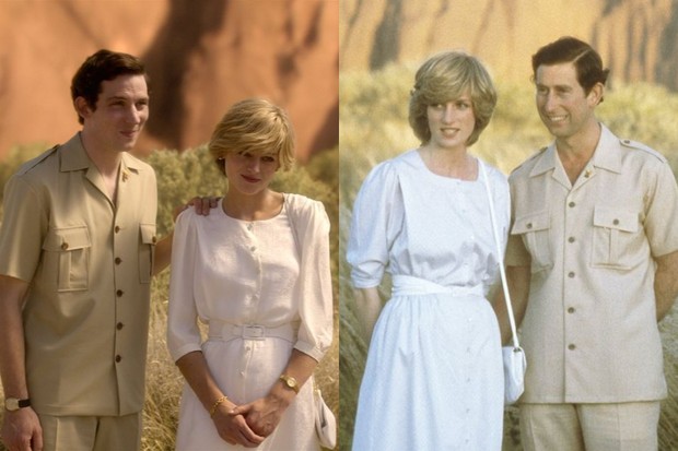 Emma Corrin mengenakan dress warna putih dengan ikat pinggang warna senada