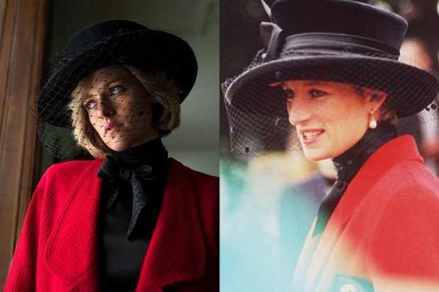 Kristen Stewart tampak mengenakan outer berwarna merah dan fascinator hat warna hitam