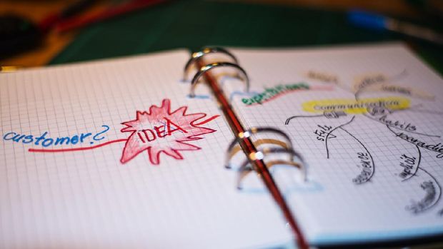 Mindmap on a sheet of paper in a personal organizer.