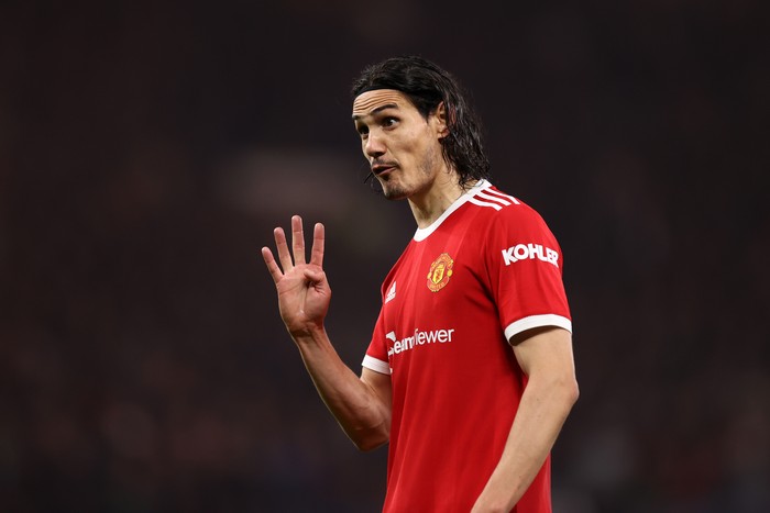 Cavani MANCHESTER, ENGLAND - OCTOBER 20: Edinson Cavani of Manchester United during the UEFA Champions League group F match between Manchester United and Atalanta at Old Trafford on October 20, 2021 in Manchester, England. (Photo by Naomi Baker/Getty Images)
