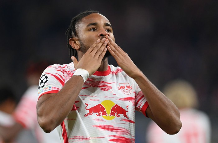 LEIPZIG, GERMANY - NOVEMBER 03: Christopher Nkunku of Leipzig celebrates scoring his goal during the UEFA Champions League group A match between RB Leipzig and Paris Saint-Germain at Red Bull Arena on November 03, 2021 in Leipzig, Germany. (Photo by Stuart Franklin/Getty Images)