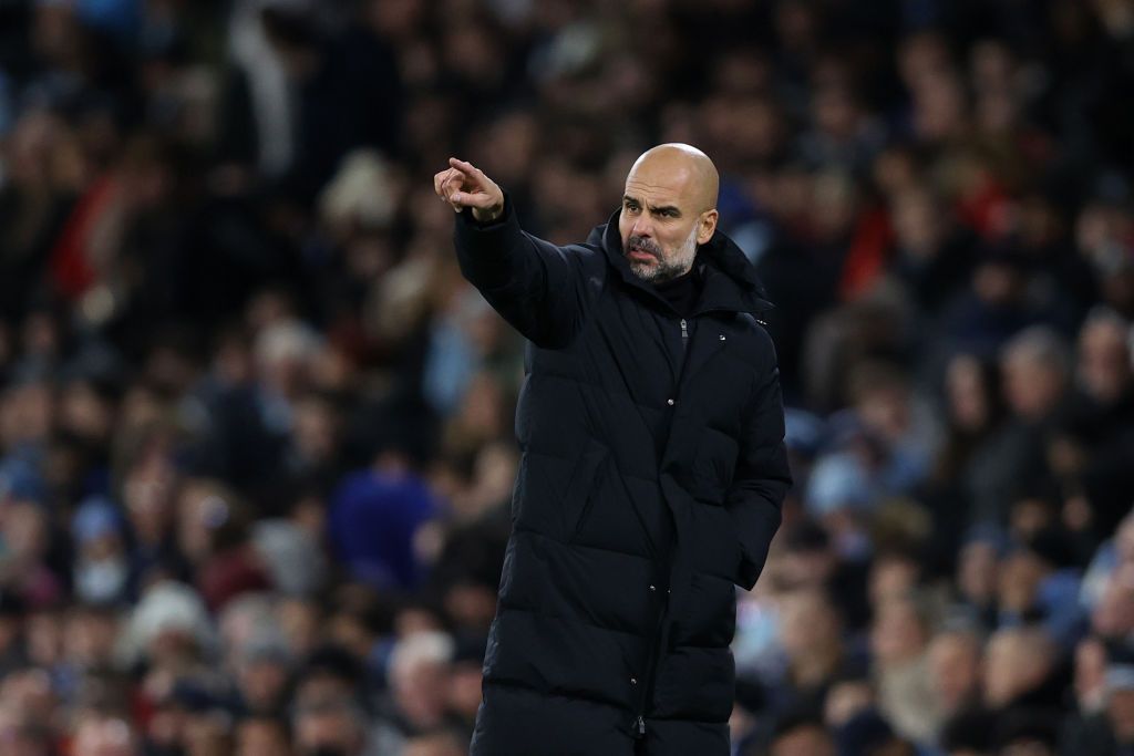 MANCHESTER, ENGLAND - NOVEMBER 03: Pep Guardiola, Manager of Manchester City reacts during the UEFA Champions League group A match between Manchester City and Club Brugge KV at Etihad Stadium on November 03, 2021 in Manchester, England. (Photo by Clive Brunskill/Getty Images)