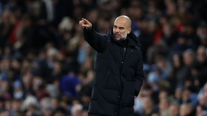 MANCHESTER, ENGLAND - NOVEMBER 03: Pep Guardiola, Manager of Manchester City reacts during the UEFA Champions League group A match between Manchester City and Club Brugge KV at Etihad Stadium on November 03, 2021 in Manchester, England. (Photo by Clive Brunskill/Getty Images)