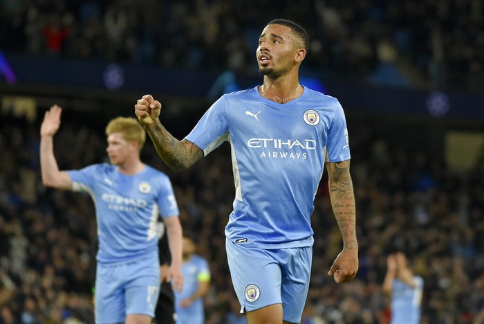 Manchester Citys Gabriel Jesus celebrates after scoring his sides fourth goal during the Champions League Group A soccer match between Manchester City and Club Brugge at the Etihad stadium, in Manchester, England, Wednesday Nov. 3, 2021. (AP Photo/Rui Vieira)