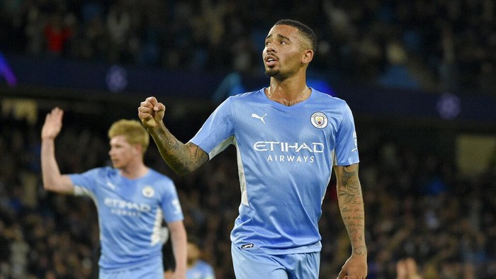 Manchester Citys Gabriel Jesus celebrates after scoring his sides fourth goal during the Champions League Group A soccer match between Manchester City and Club Brugge at the Etihad stadium, in Manchester, England, Wednesday Nov. 3, 2021. (AP Photo/Rui Vieira)