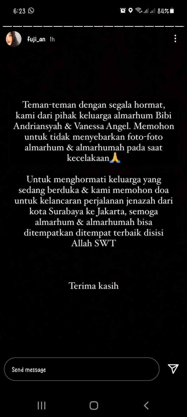 Unggahan stories adik Bibi Andriansyah.