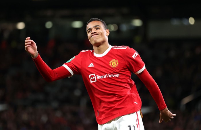MANCHESTER, ENGLAND - SEPTEMBER 22: Mason Greenwood of Manchester United reacts to a missed chance during the Carabao Cup Third Round match between Manchester United and West Ham United at Old Trafford on September 22, 2021 in Manchester, England. (Photo by Alex Pantling/Getty Images)