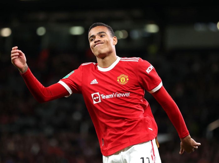 MANCHESTER, ENGLAND - SEPTEMBER 22: Mason Greenwood of Manchester United reacts to a missed chance during the Carabao Cup Third Round match between Manchester United and West Ham United at Old Trafford on September 22, 2021 in Manchester, England. (Photo by Alex Pantling/Getty Images)