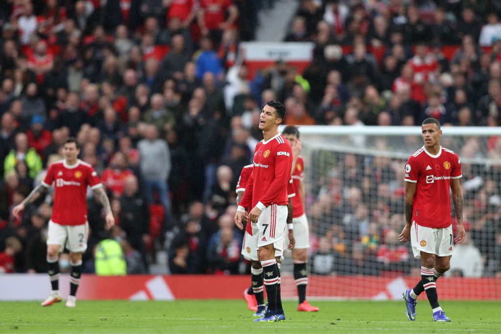 MANCHESTER, ENGLAND - NOVEMBER 06: Cristiano Ronaldo of Manchester United looks dejected following Manchester City's second goal during the Premier League match between Manchester United and Manchester City at Old Trafford on November 06, 2021 in Manchester, England. (Photo by Clive Brunskill/Getty Images)