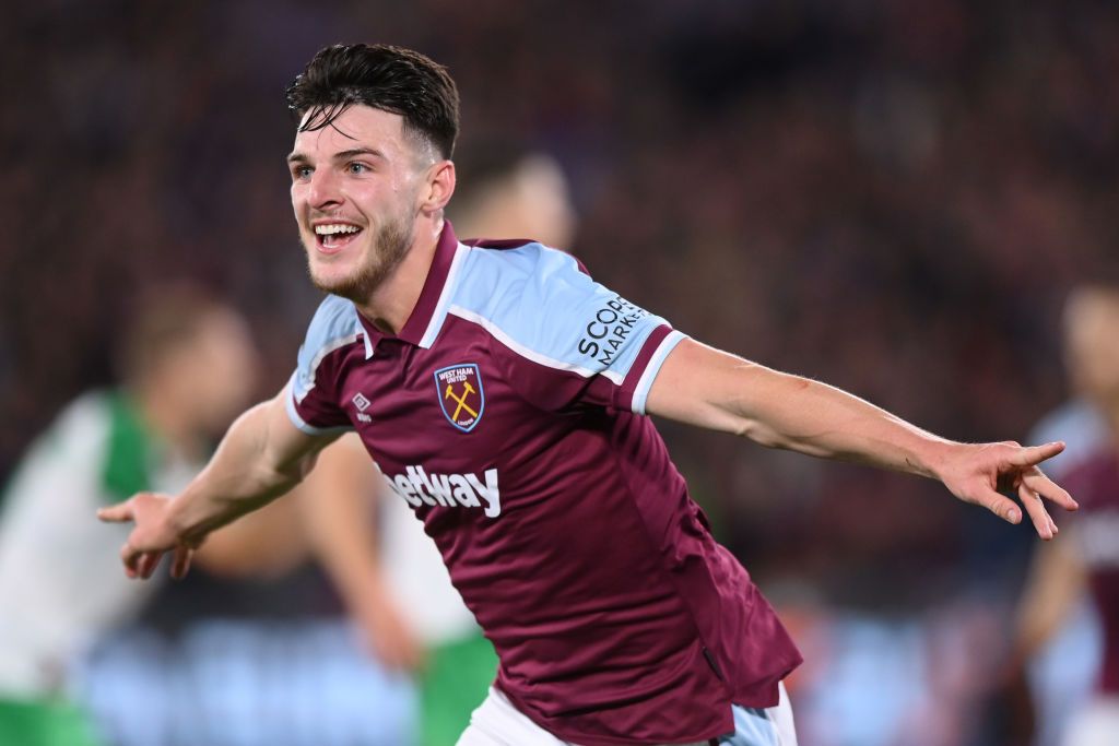 LONDON, ENGLAND - SEPTEMBER 30: Declan Rice of West Ham United celebrates after scoring their sides first goal during the UEFA Europa League group H match between West Ham United and Rapid Wien at Olympic Stadium on September 30, 2021 in London, England. (Photo by Justin Setterfield/Getty Images)