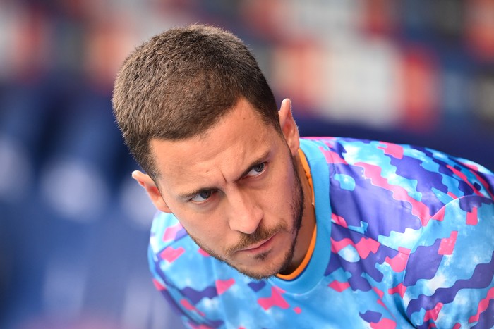 Eden Hazard BARCELONA, SPAIN - OCTOBER 03: Eden Hazard of Real Madrid CF looks on during the La Liga Santander match between RCD Espanyol and Real Madrid CF at RCDE Stadium on October 03, 2021 in Barcelona, Spain. (Photo by David Ramos/Getty Images)