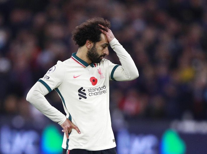 Liverpool's Mohamed Salah reacts during the English Premier League soccer match between West Ham United and Liverpool at the London stadium in London, England, Sunday, Nov. 7, 2021. (AP Photo/Ian Walton)